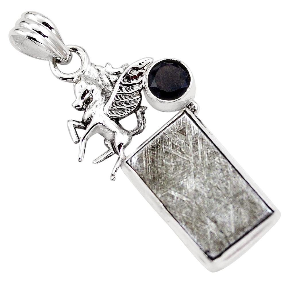 Natural grey meteorite gibeon smoky topaz 925 silver unicorn pendant p16116