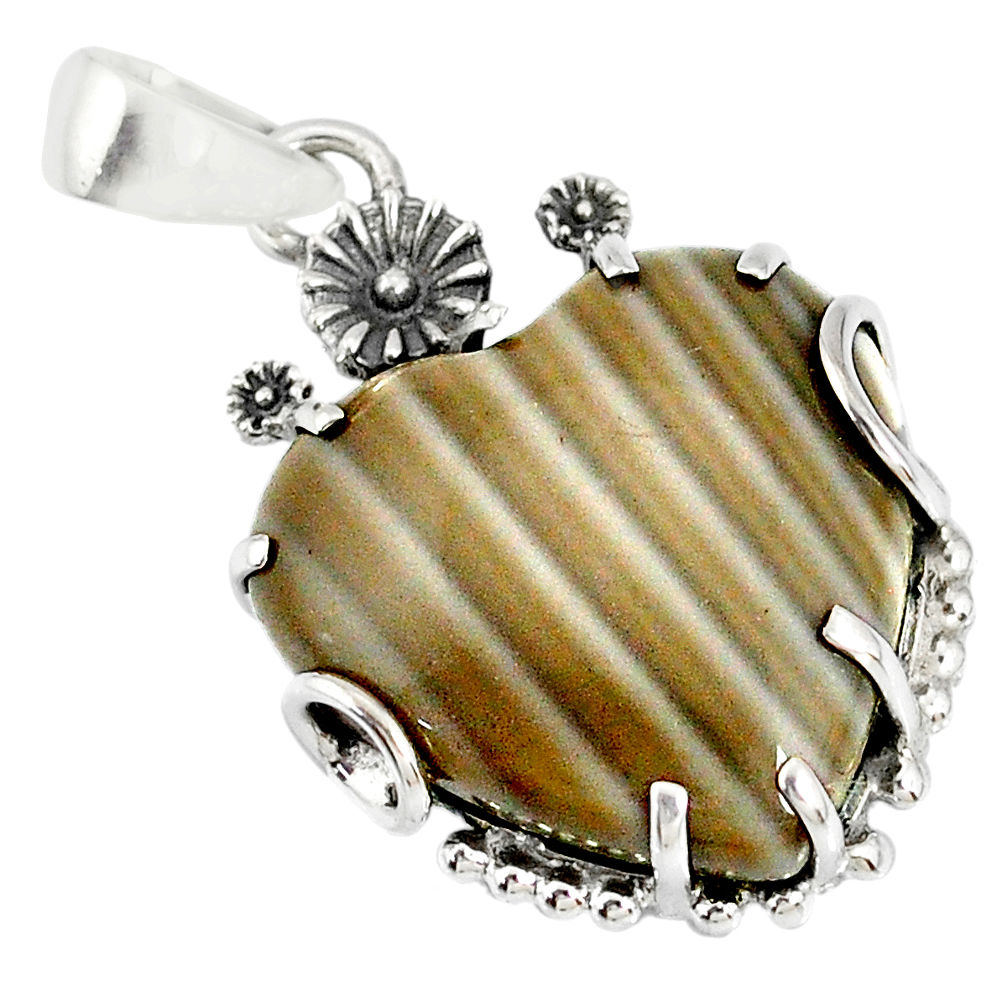 18.95cts natural grey striped flint ohio 925 silver flower pendant r77846