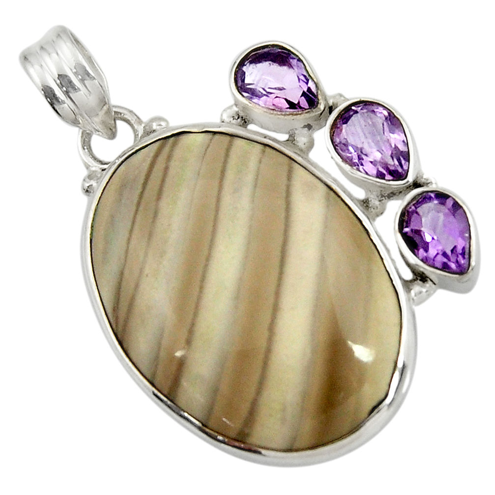 25.00cts natural grey striped flint ohio amethyst 925 silver pendant d41546