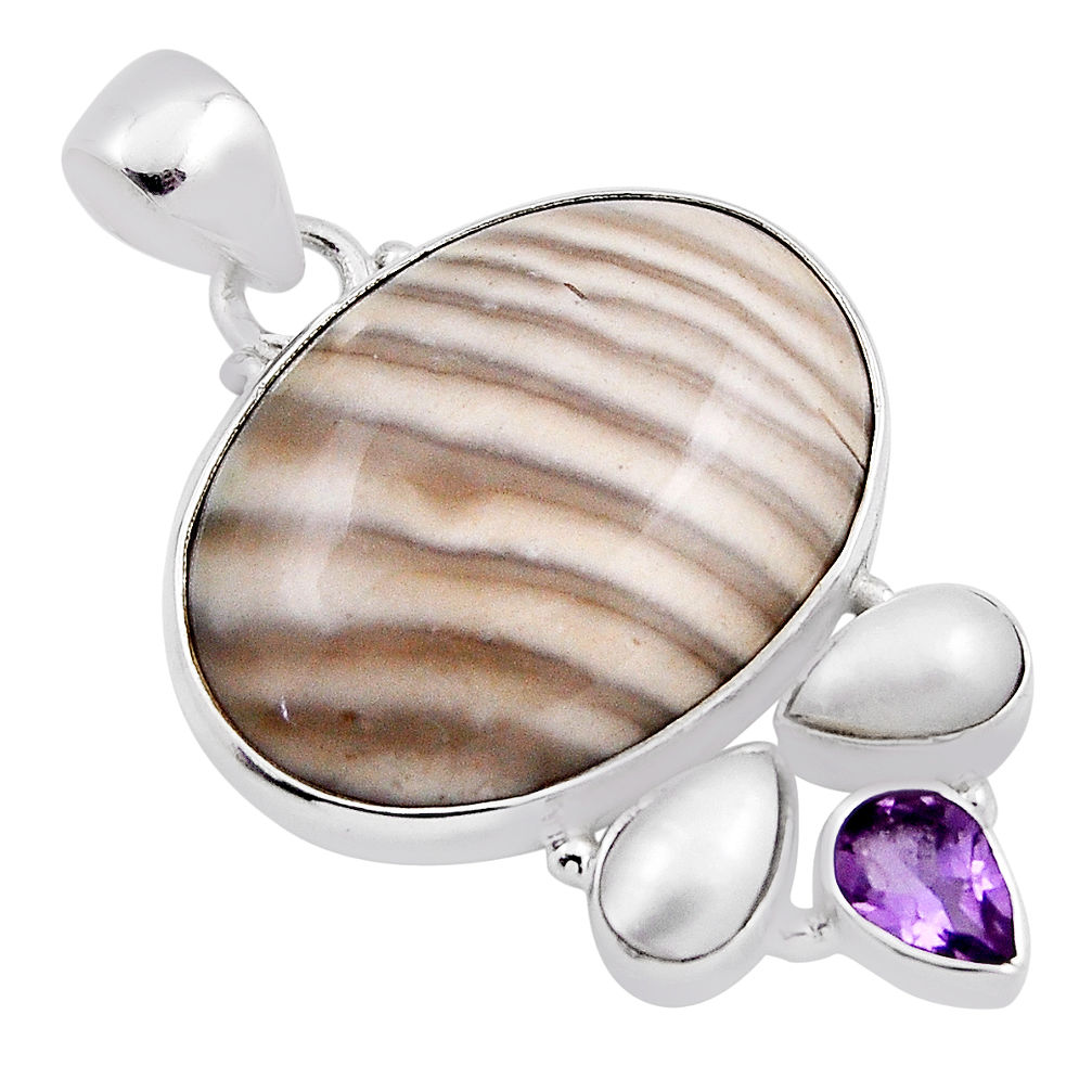 24.38cts natural grey striped flint ohio amethyst pearl silver pendant n24936