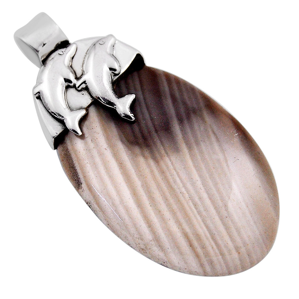 35.18cts natural grey striped flint ohio oval 925 silver dolphin pendant n25305