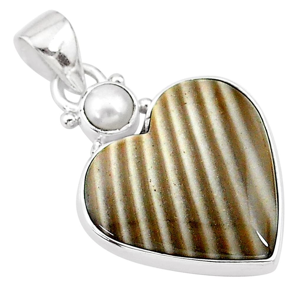 14.23cts natural grey striped flint ohio white pearl 925 silver pendant t13132