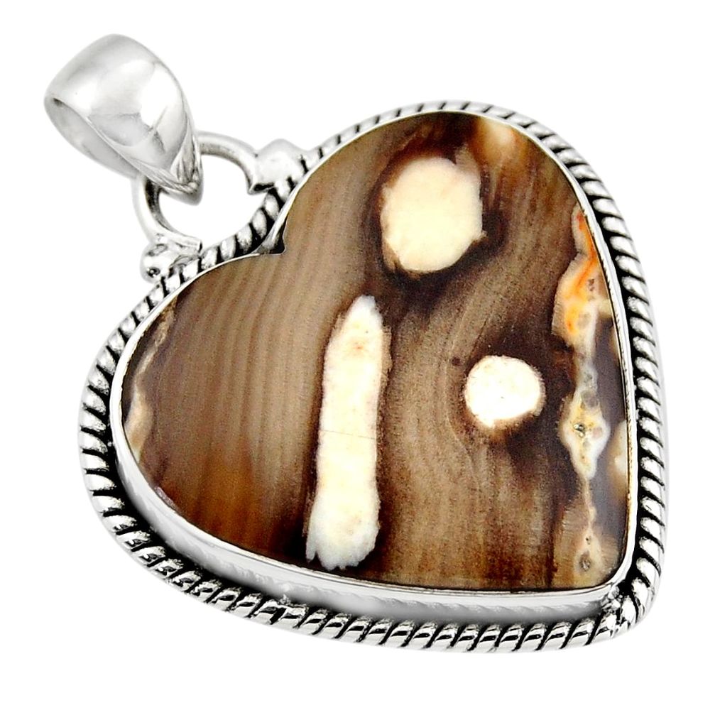 16.68cts natural heart peanut petrified wood fossil 925 silver pendant r45970