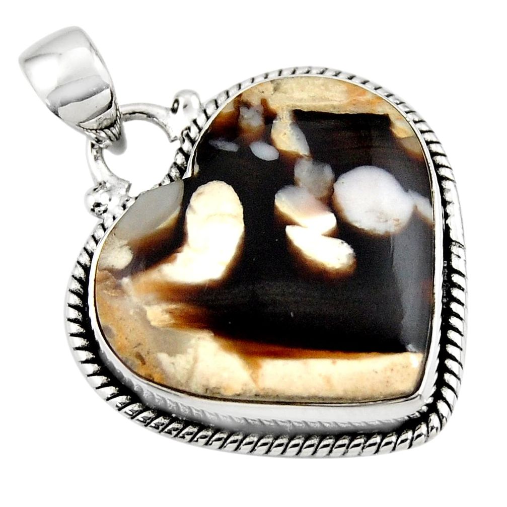 18.15cts natural heart peanut petrified wood fossil 925 silver pendant r45971