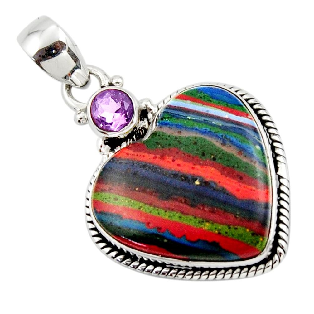 14.10cts natural heart rainbow calsilica amethyst 925 silver pendant r43978