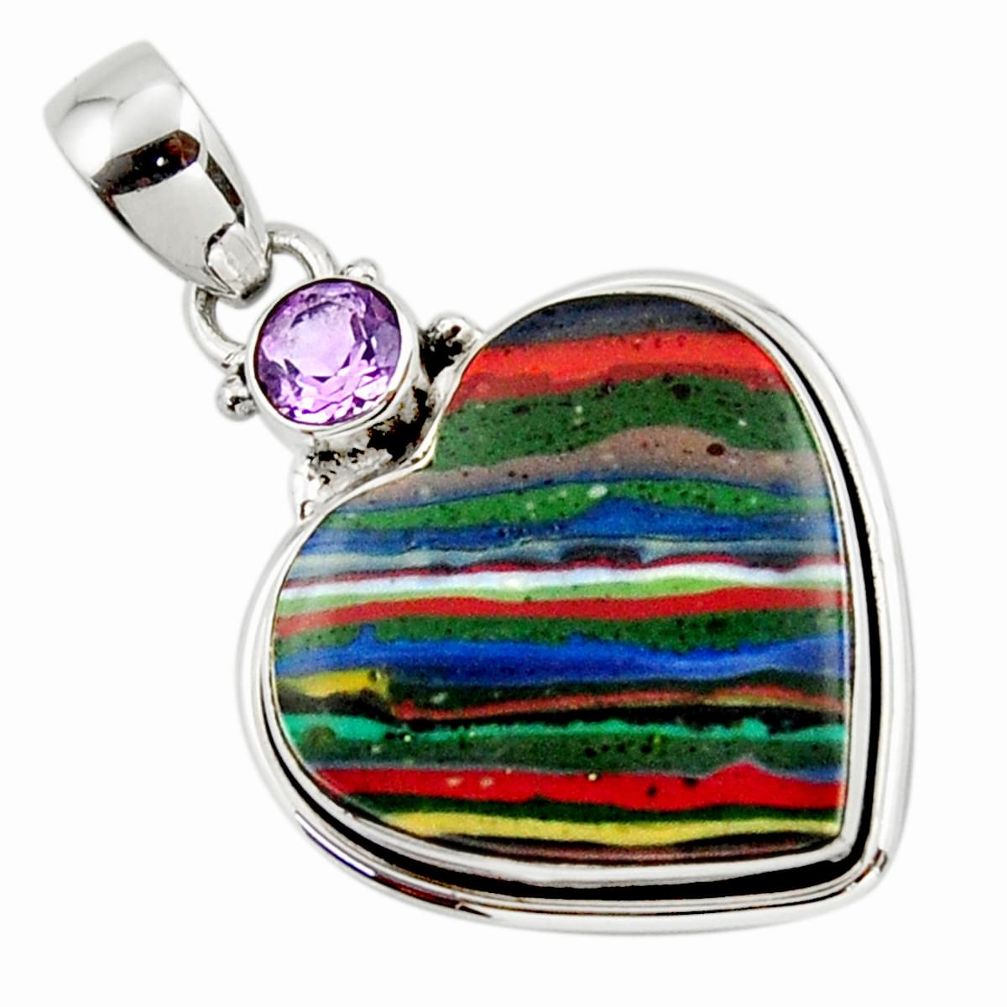 13.73cts natural heart rainbow calsilica amethyst 925 silver pendant r43980