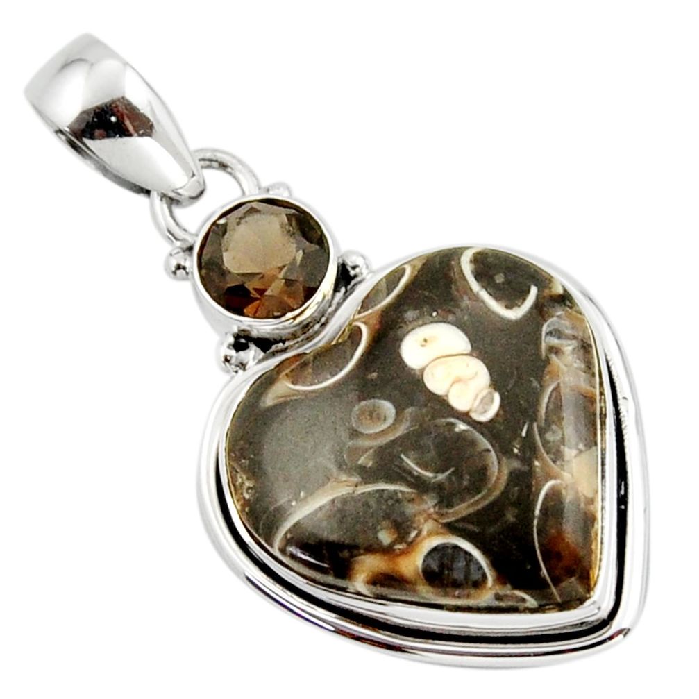 15.55cts natural heart turritella fossil snail agate 925 silver pendant r43946