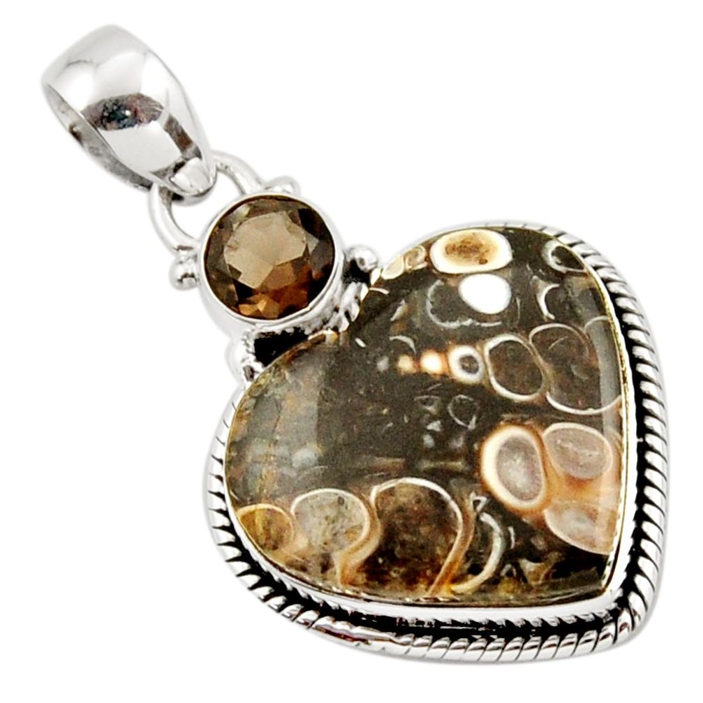 16.48cts natural heart turritella fossil snail agate 925 silver pendant r43947