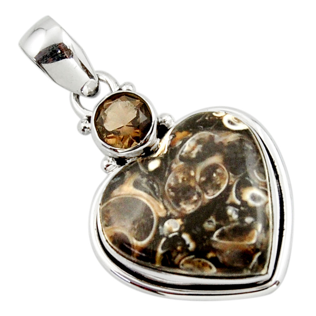 15.20cts natural heart turritella fossil snail agate 925 silver pendant r43948