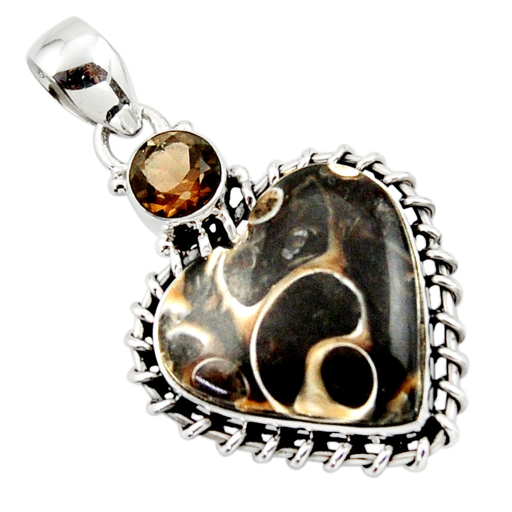 16.83cts natural heart turritella fossil snail agate 925 silver pendant r43954