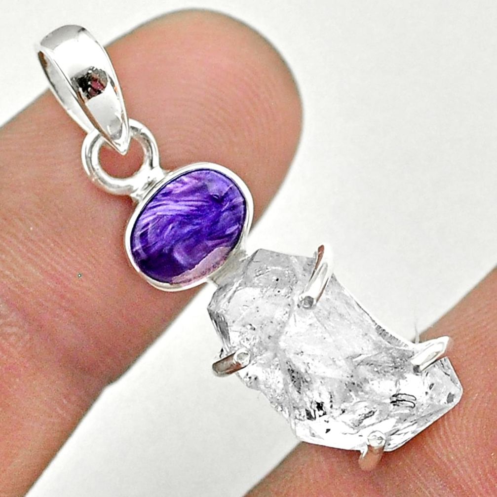 11.73cts natural herkimer diamond charoite (siberian) 925 silver pendant t49682