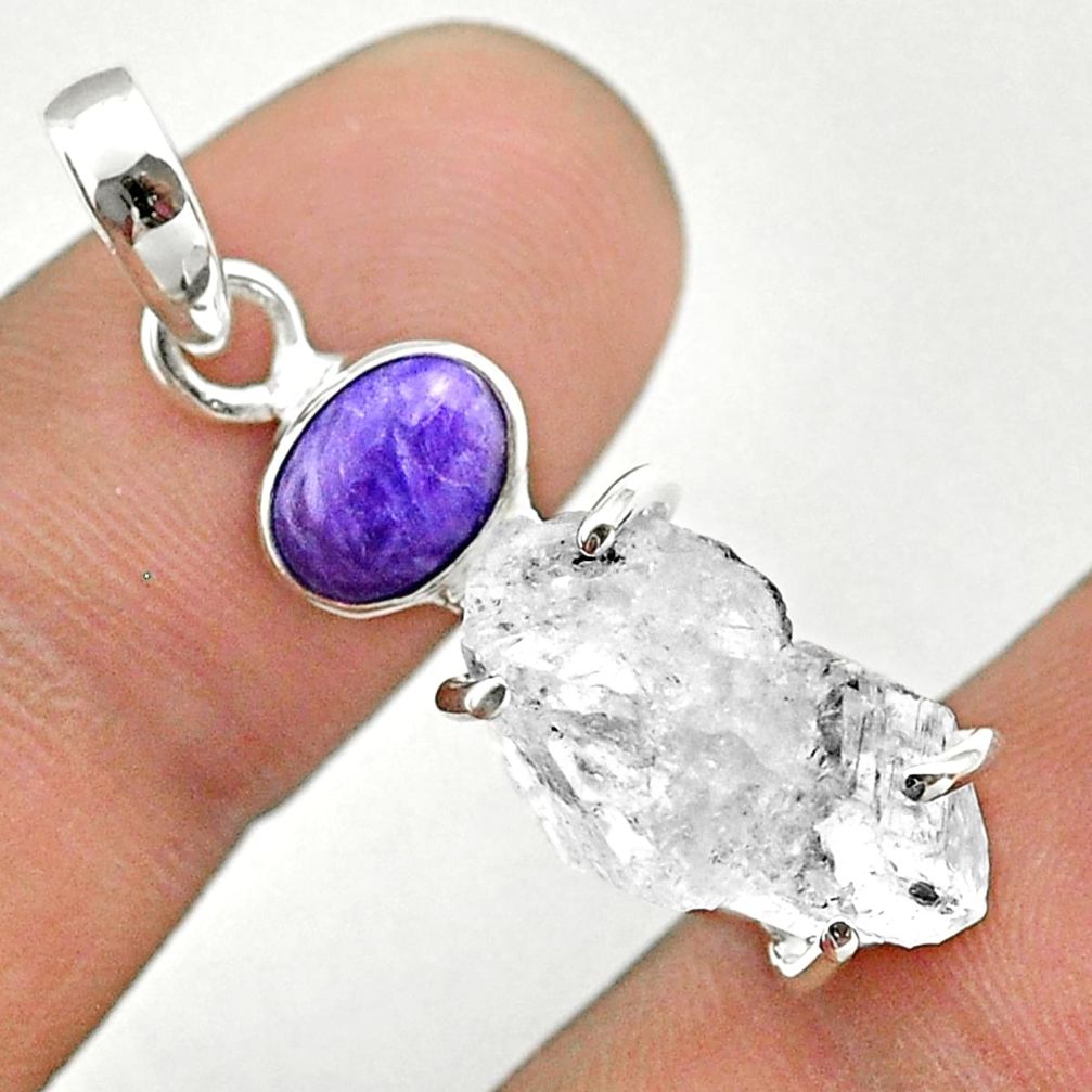 13.16cts natural herkimer diamond charoite (siberian) 925 silver pendant t49683