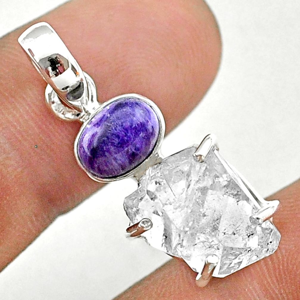 11.20cts natural herkimer diamond charoite (siberian) 925 silver pendant t49689