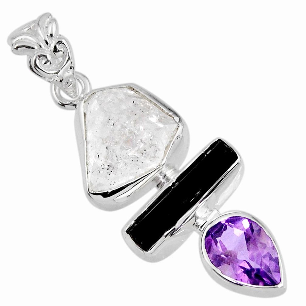 12.47cts natural herkimer diamond tourmaline rough 925 silver pendant r56650