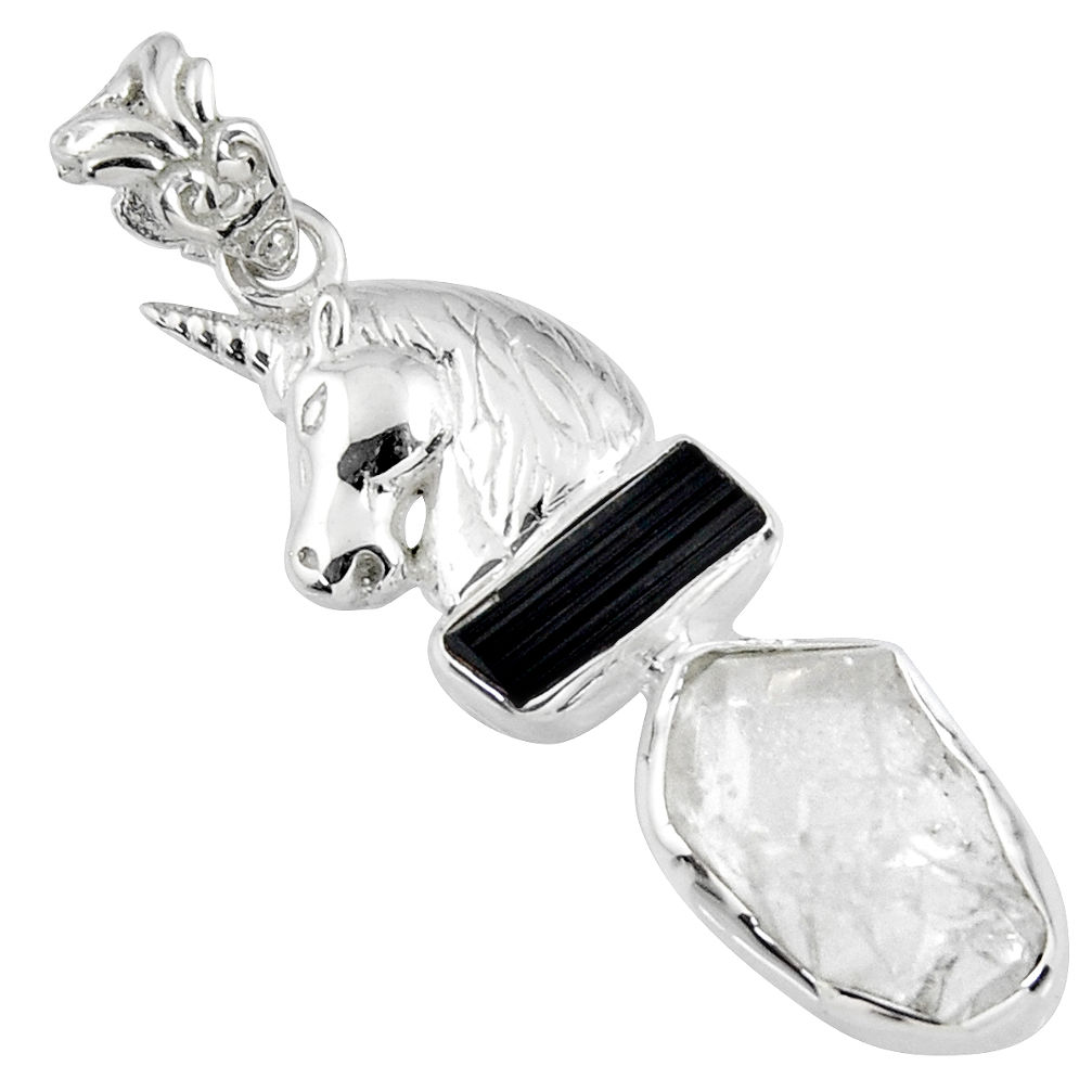 11.71cts natural herkimer diamond tourmaline rough silver horse pendant r57084