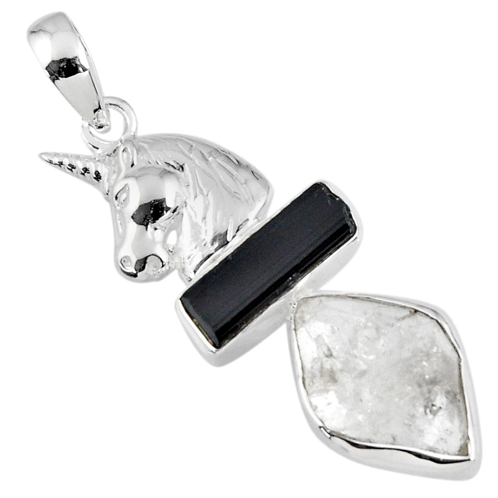 12.97cts natural herkimer diamond tourmaline rough silver horse pendant r57085