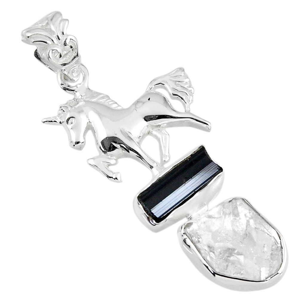 11.71cts natural herkimer diamond tourmaline rough silver horse pendant r57096