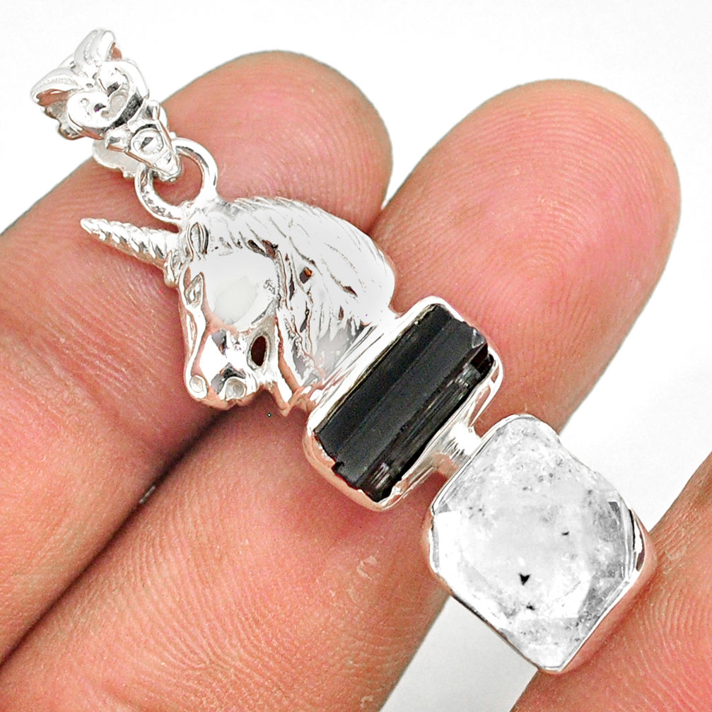 12.34cts natural herkimer diamond tourmaline raw silver horse pendant r80766