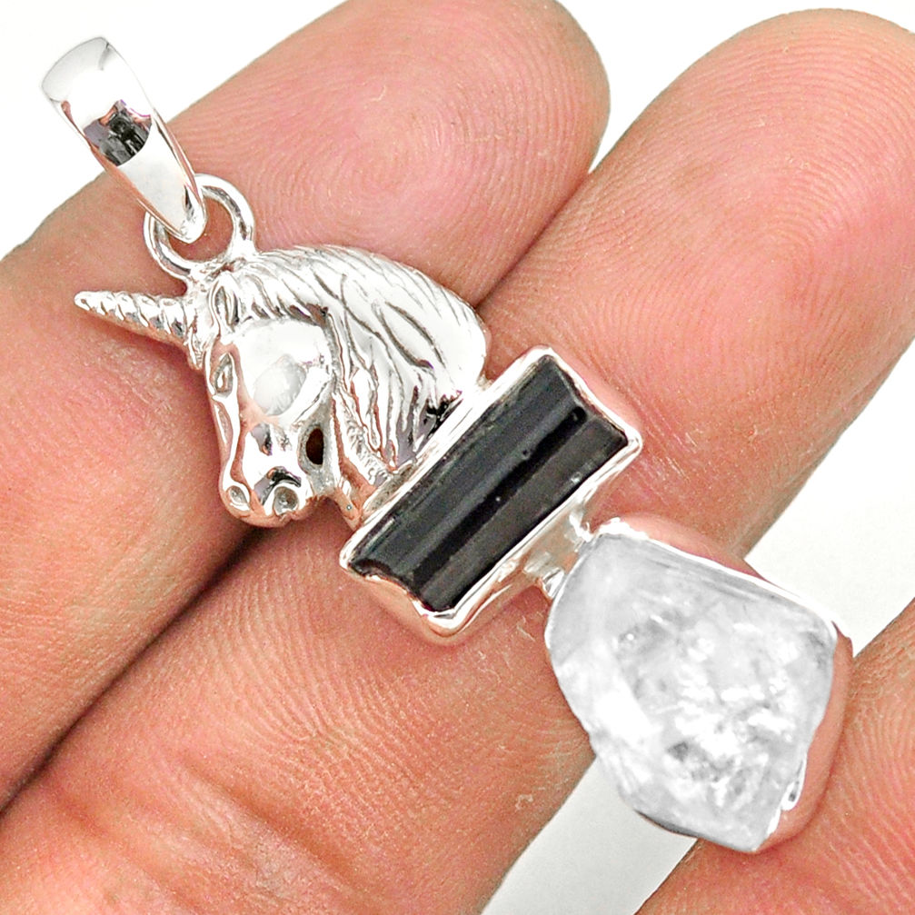 13.07cts natural herkimer diamond tourmaline raw silver horse pendant r80768