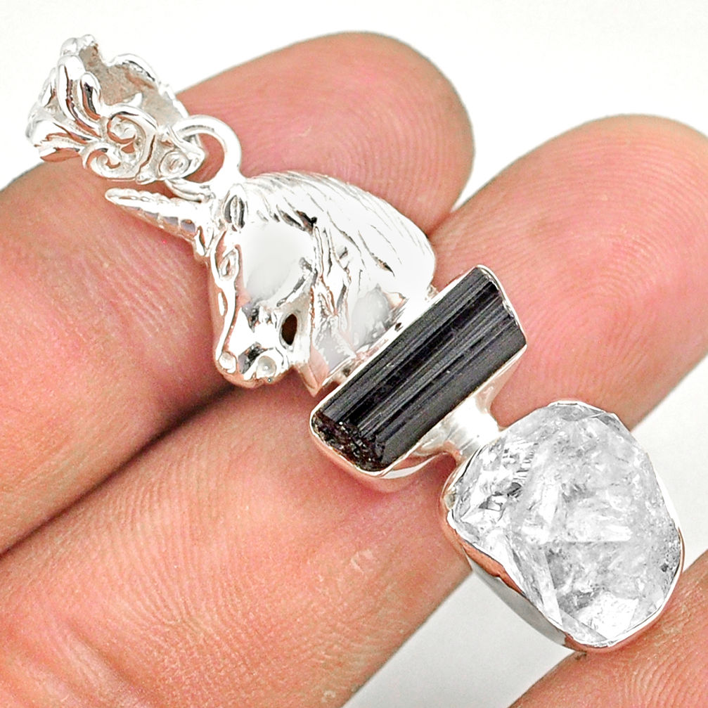11.95cts natural herkimer diamond tourmaline raw silver horse pendant r80770