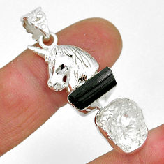 10.93cts natural herkimer diamond tourmaline rough silver horse pendant y7718