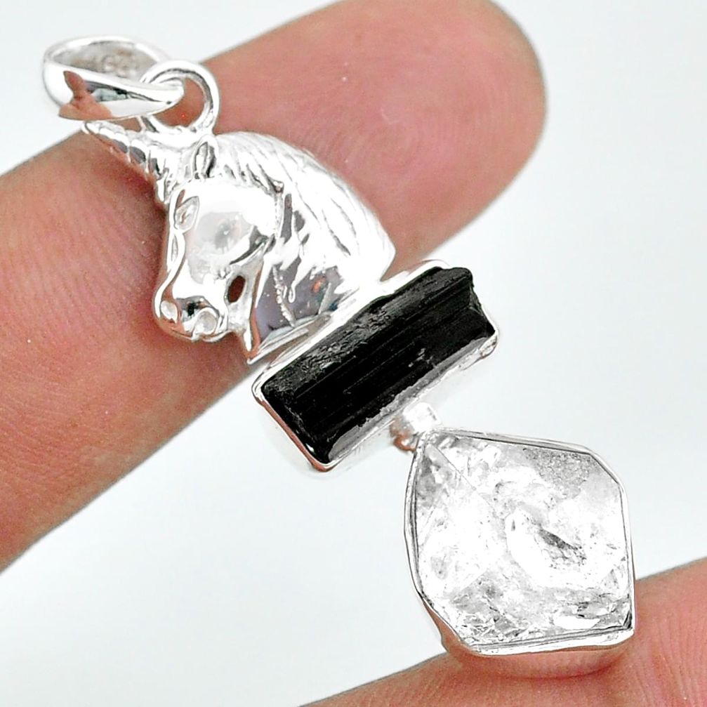 13.46cts natural herkimer diamond tourmaline rough silver unicorn pendant t33676