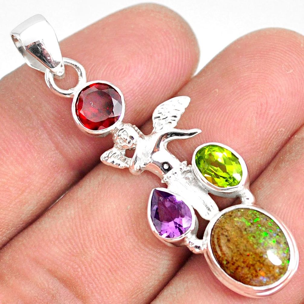 8.40cts natural honduran matrix opal 925 silver angel wings fairy pendant r76174