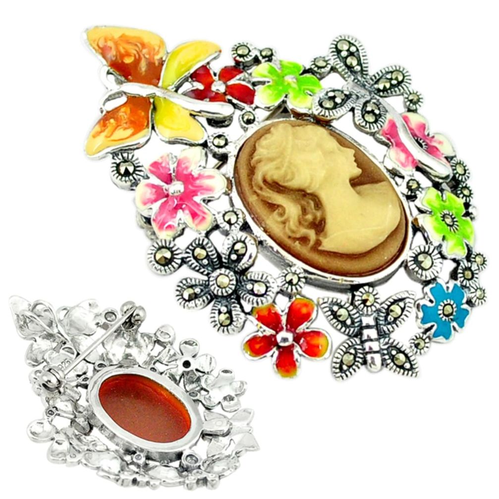 Natural honey onyx marcasite enamel 925 silver brooch pendant jewelry c18823