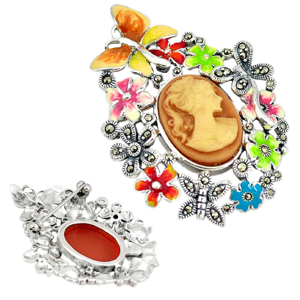 Natural honey onyx marcasite enamel 925 silver brooch pendant jewelry c26120