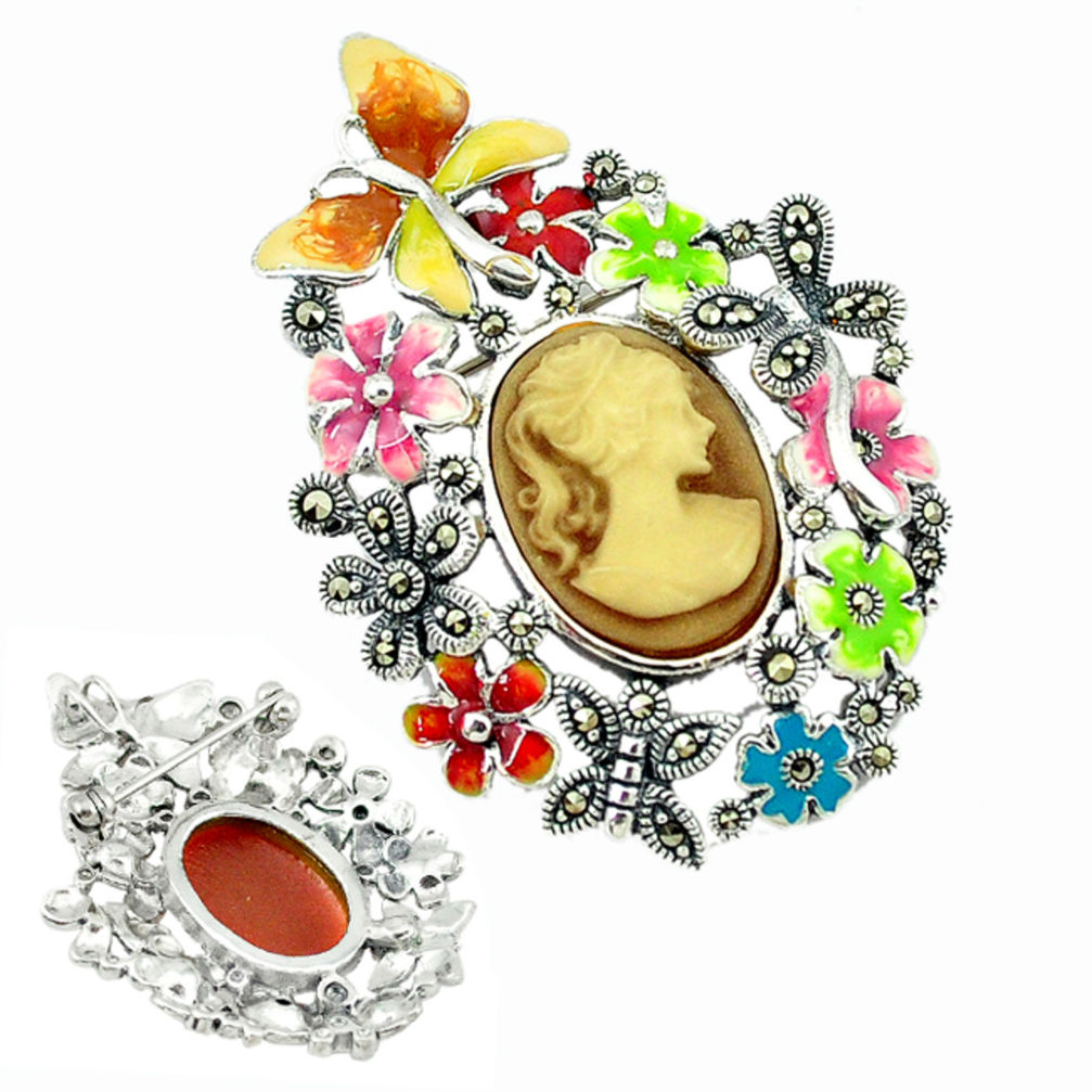 Natural honey onyx marcasite enamel 925 silver flower pendant jewelry c18838