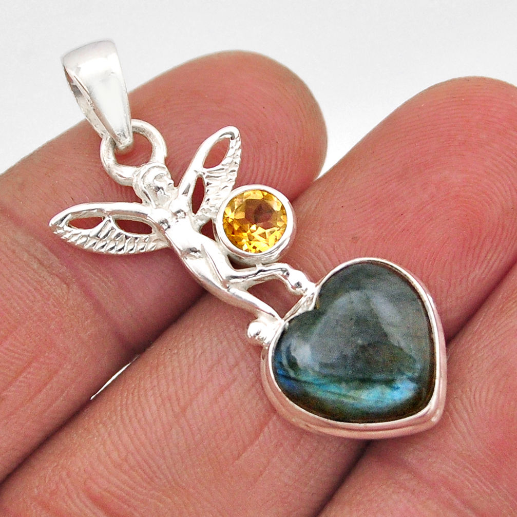 6.54cts natural labradorite citrine 925 silver angel wings fairy pendant y61211