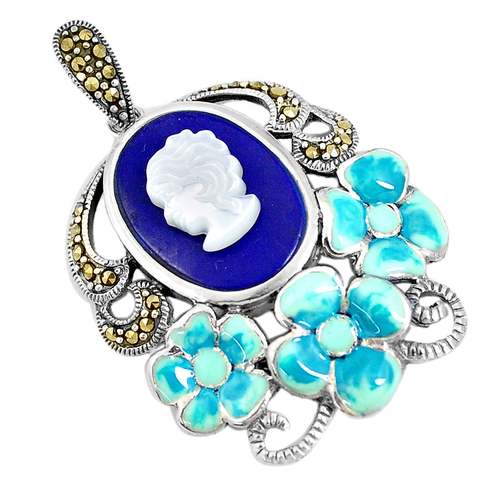 Natural blue lapis lazuli pearl enamel 925 silver lady face pendant c16680