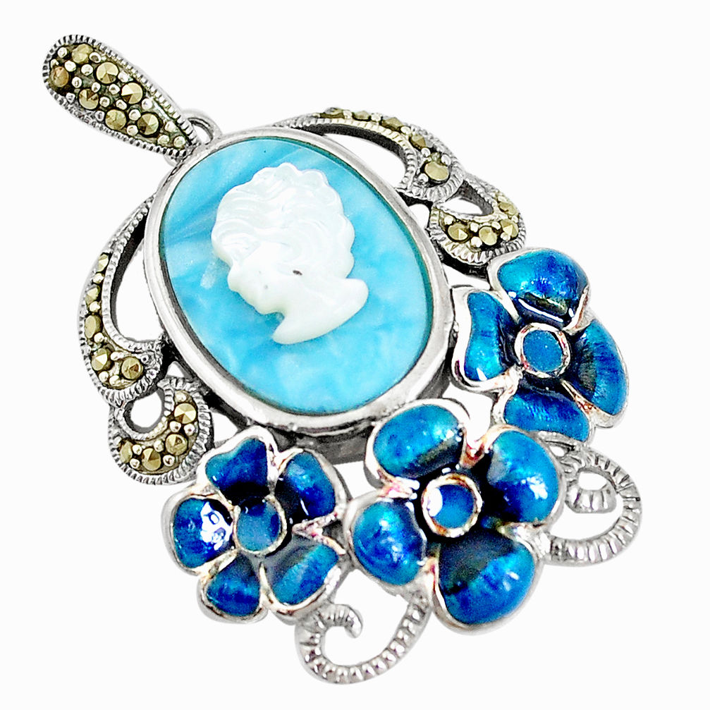 11.54cts natural blue larimar pearl enamel lady face 925 silver pendant c16663