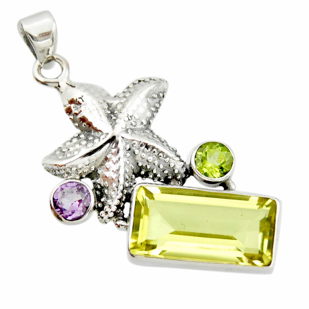 10.89cts natural lemon topaz amethyst 925 silver star fish pendant r20474