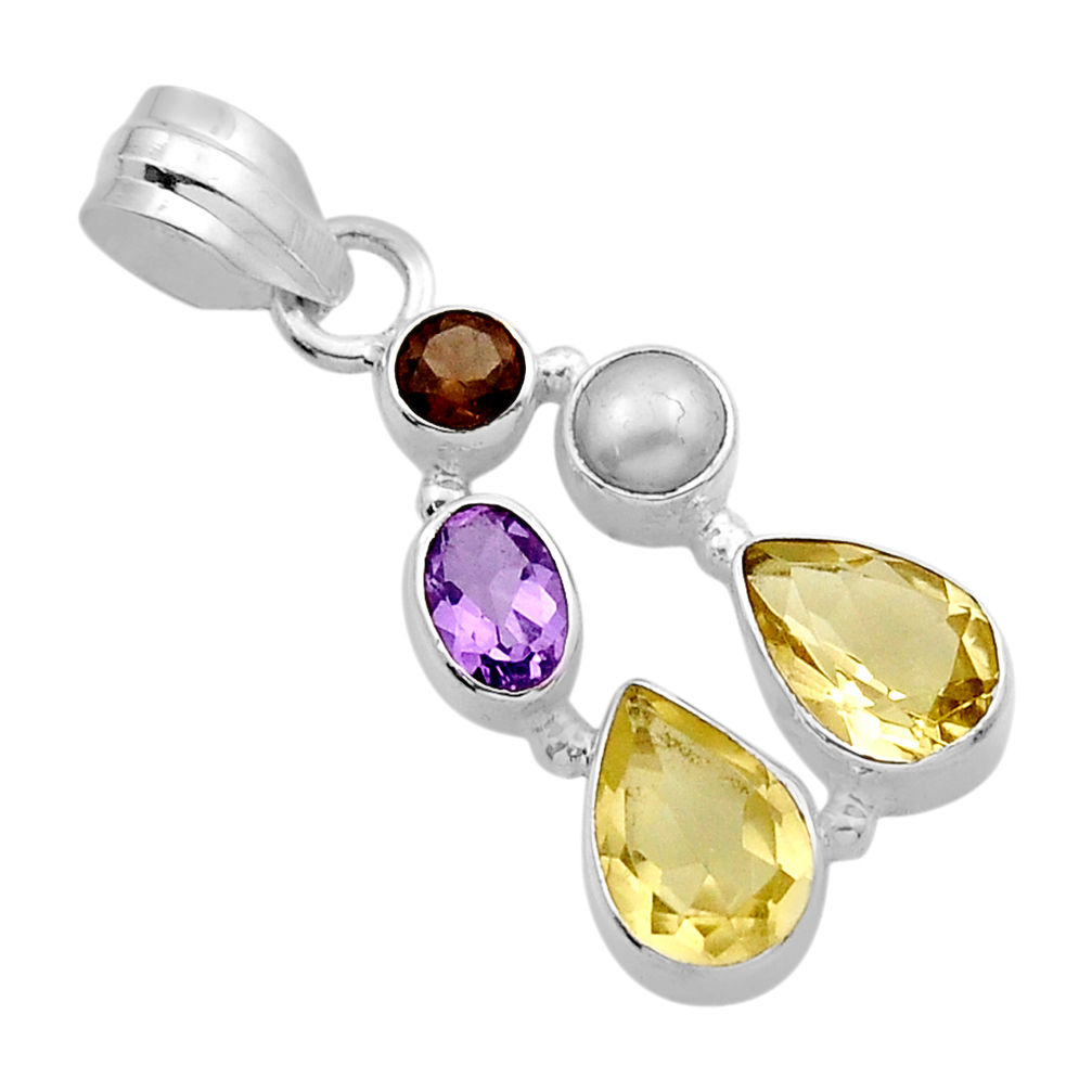 6.99cts natural lemon topaz amethyst smoky topaz pearl silver pendant y89517