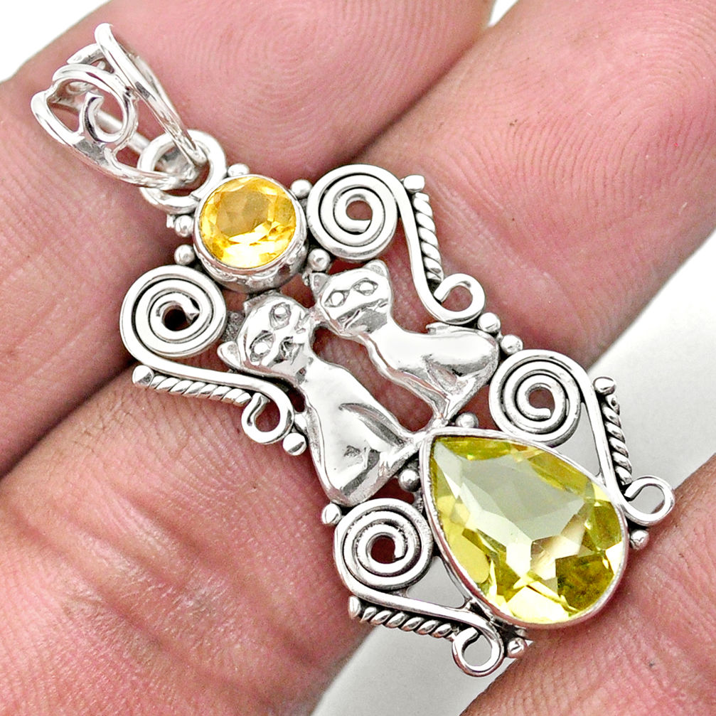 5.12cts natural lemon topaz citrine 925 sterling silver two cats pendant u10942