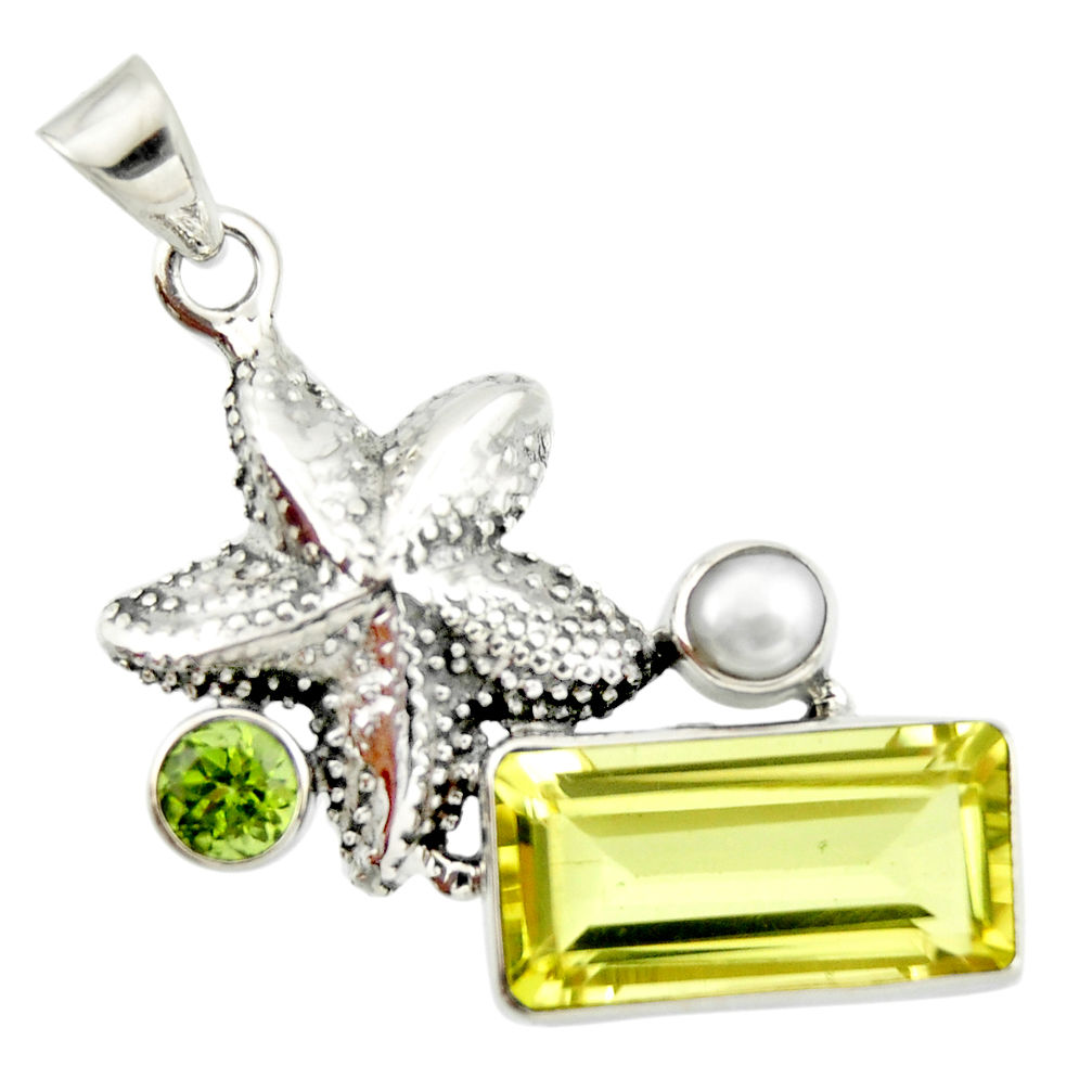 10.53cts natural lemon topaz peridot 925 silver star fish pendant r20477