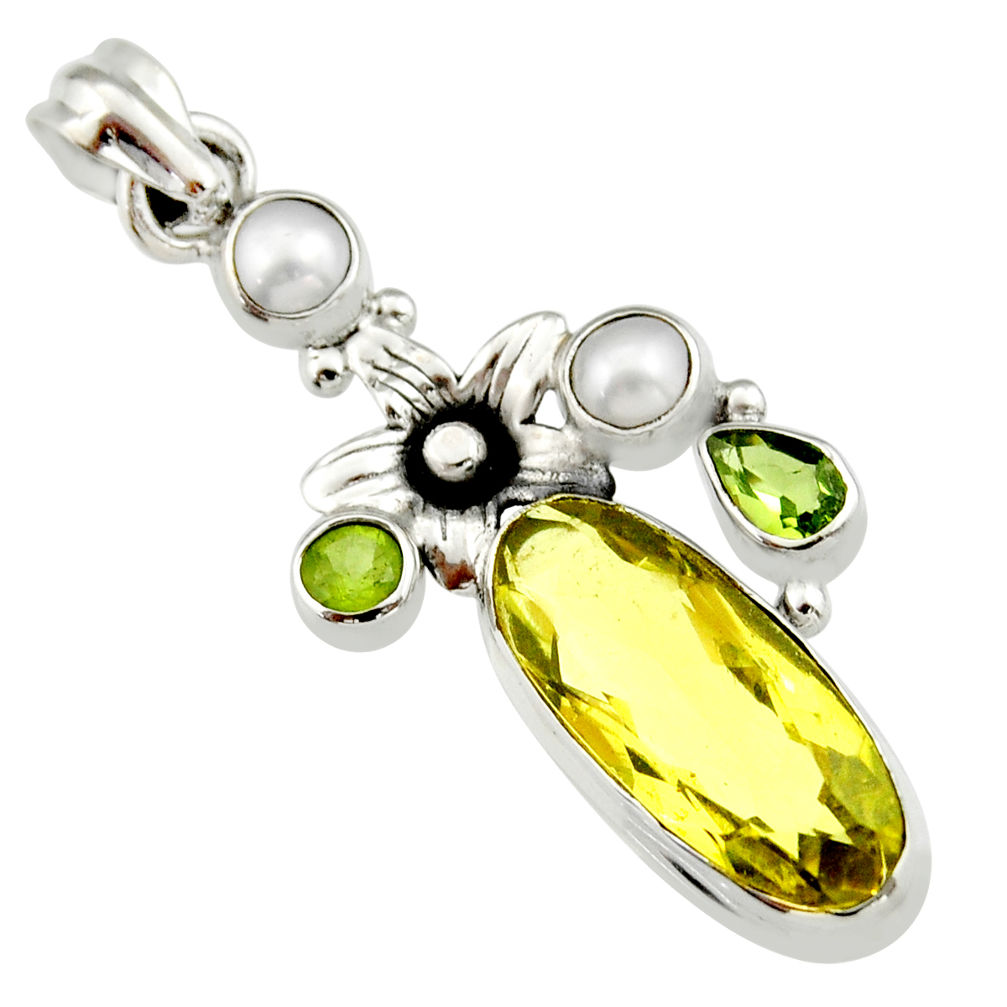 11.89cts natural lemon topaz peridot 925 sterling silver flower pendant r19113