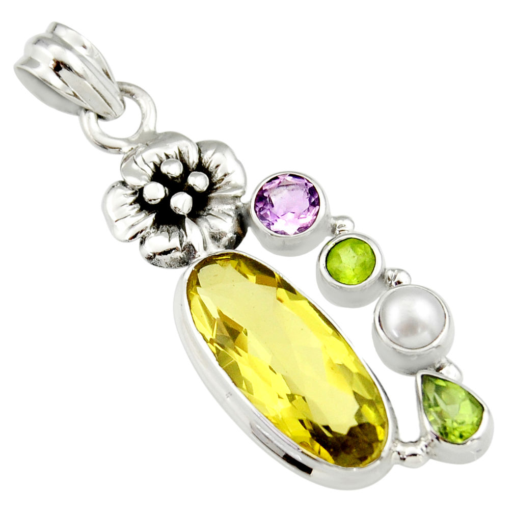 11.93cts natural lemon topaz peridot 925 sterling silver flower pendant r19116