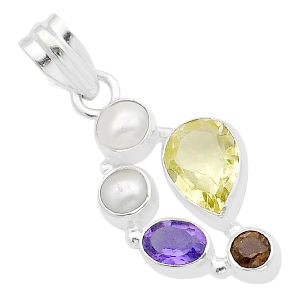 4.90cts natural lemon topaz smoky topaz amethyst pearl 925 silver pendant u54850