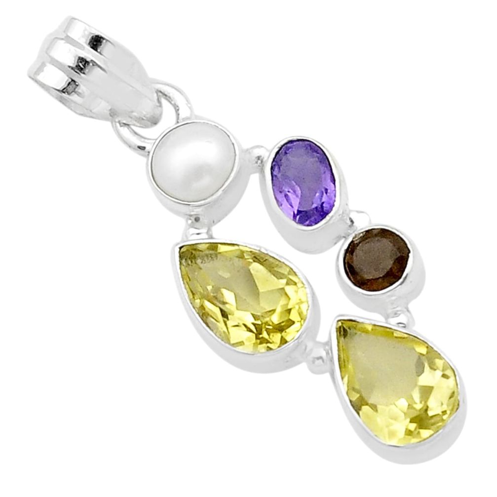 7.05cts natural lemon topaz smoky topaz amethyst pearl 925 silver pendant u54855