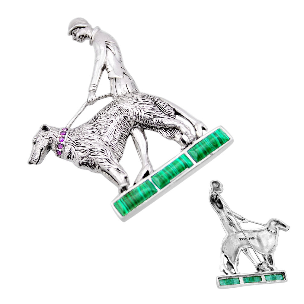 5.21cts natural malachite (pilot's stone) 925 silver dog brooch pendant n53450