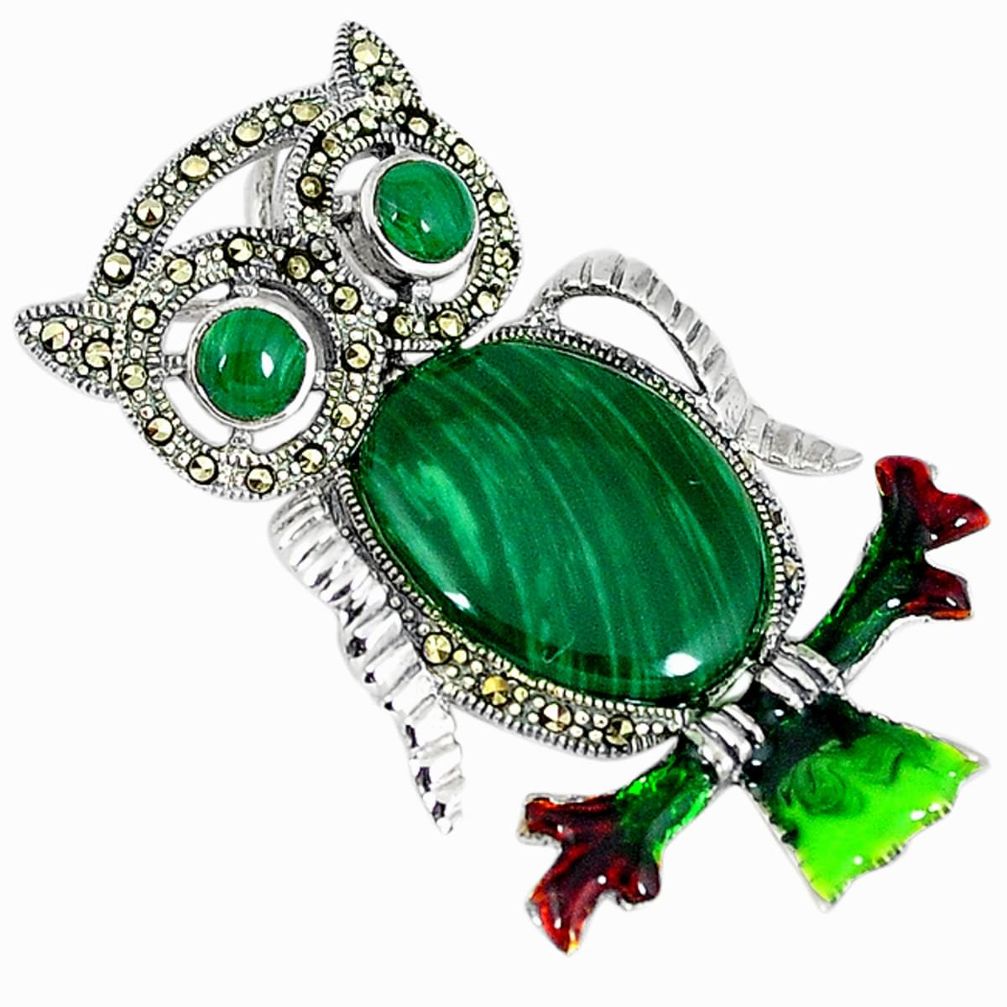 Natural green malachite (pilot's stone) 925 silver owl pendant jewelry c16445