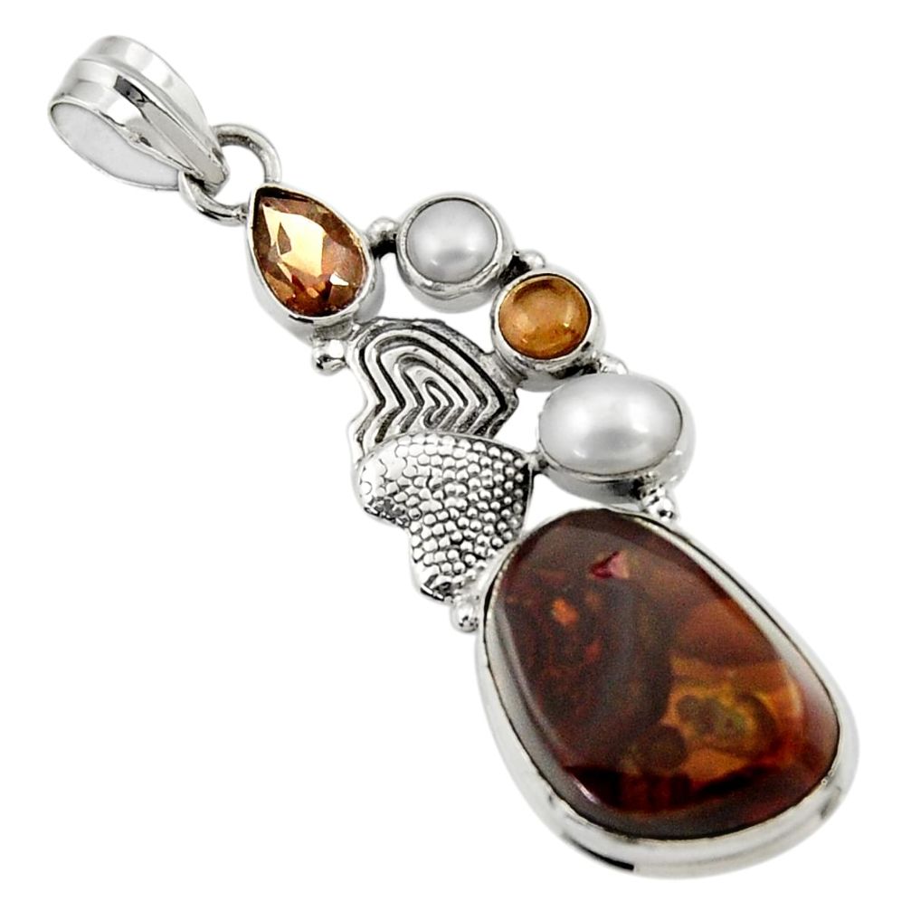20.45cts natural mexican fire agate pearl silver couple hearts pendant d43498