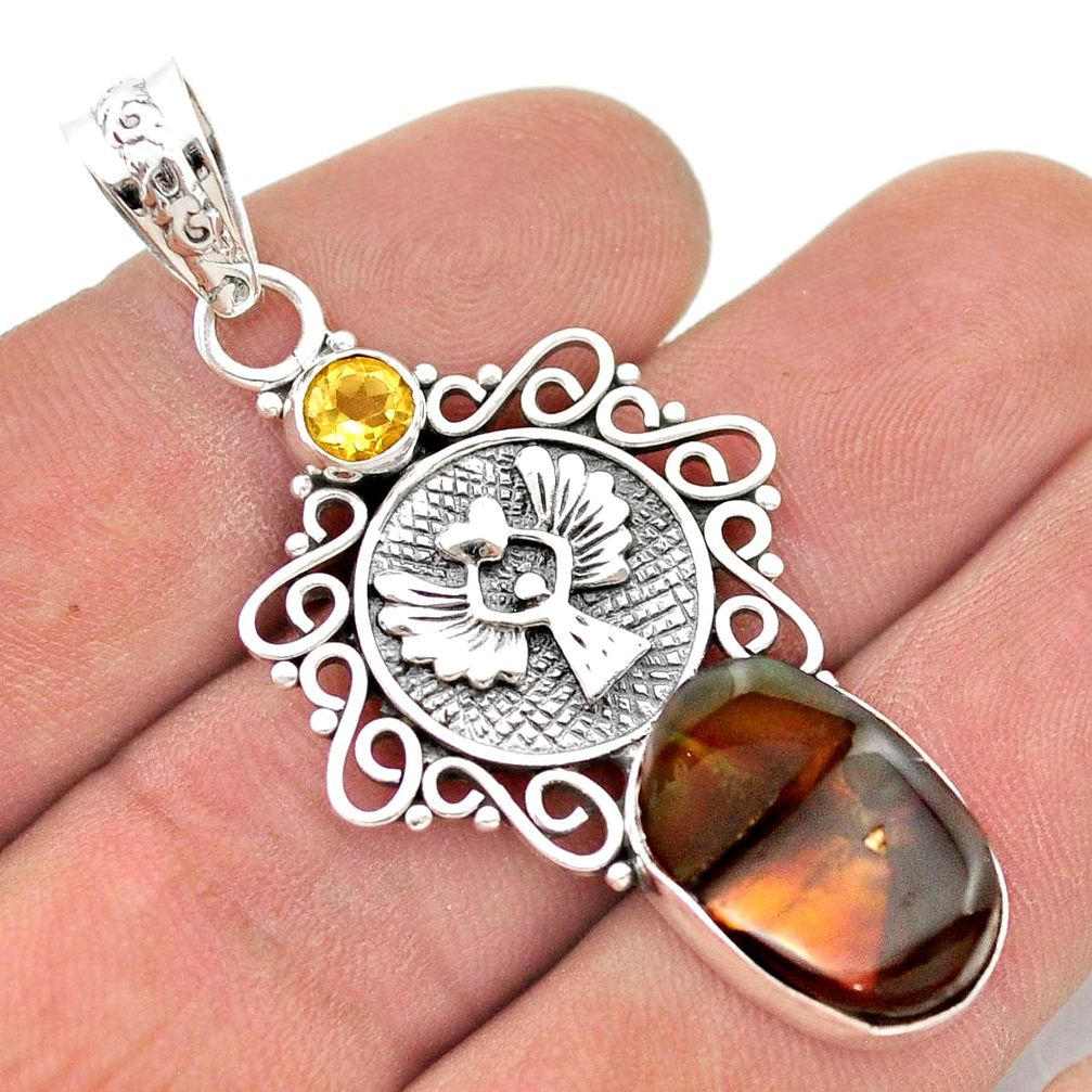 11.93cts natural mexican fire agate yellow citrine 925 silver pendant d48438