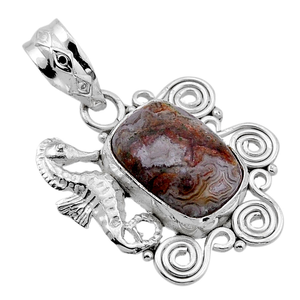 6.15cts natural mexican laguna lace agate 925 silver seahorse pendant n51688