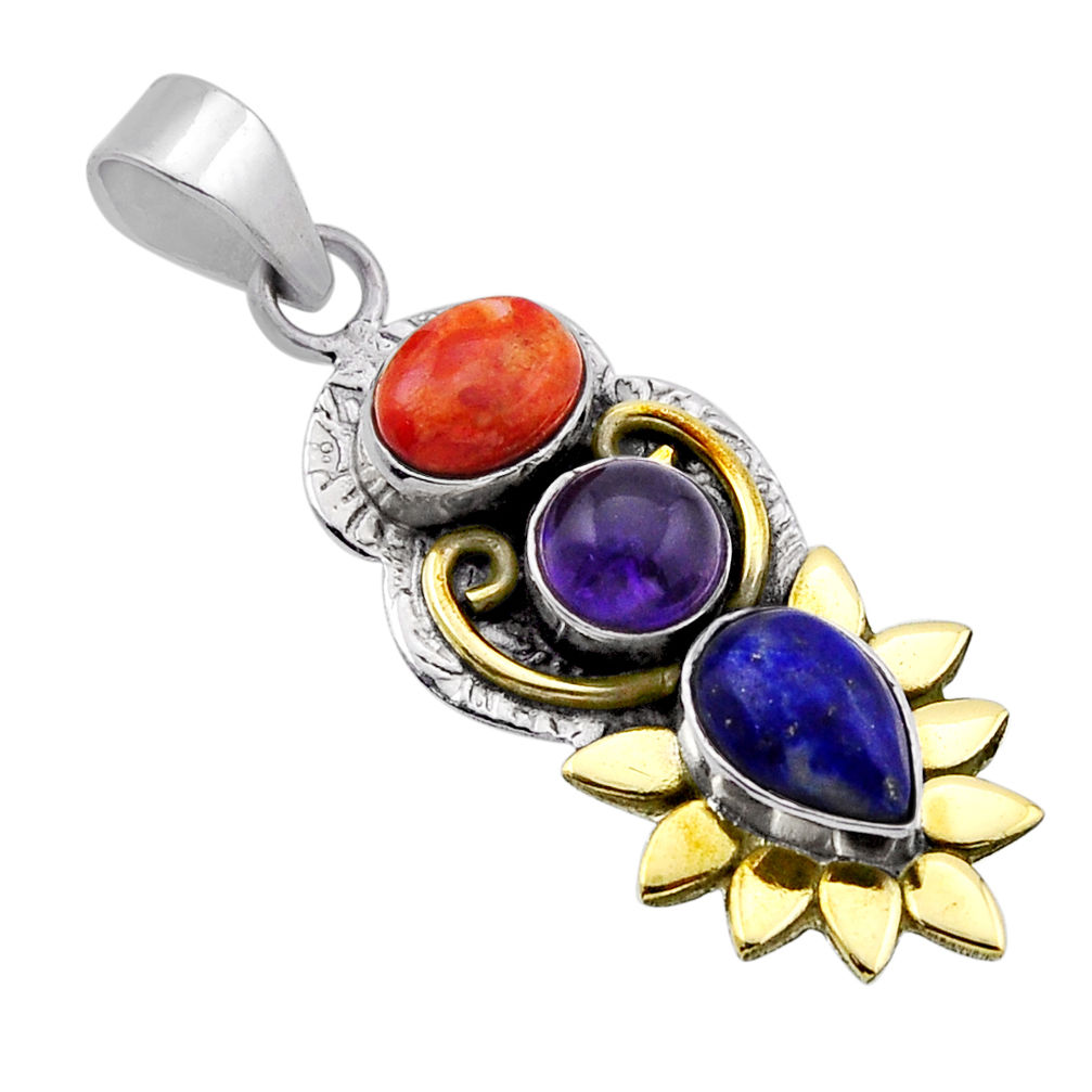 5.52cts natural mojave turquoise lapis amethyst 925 silver gold pendant n51707