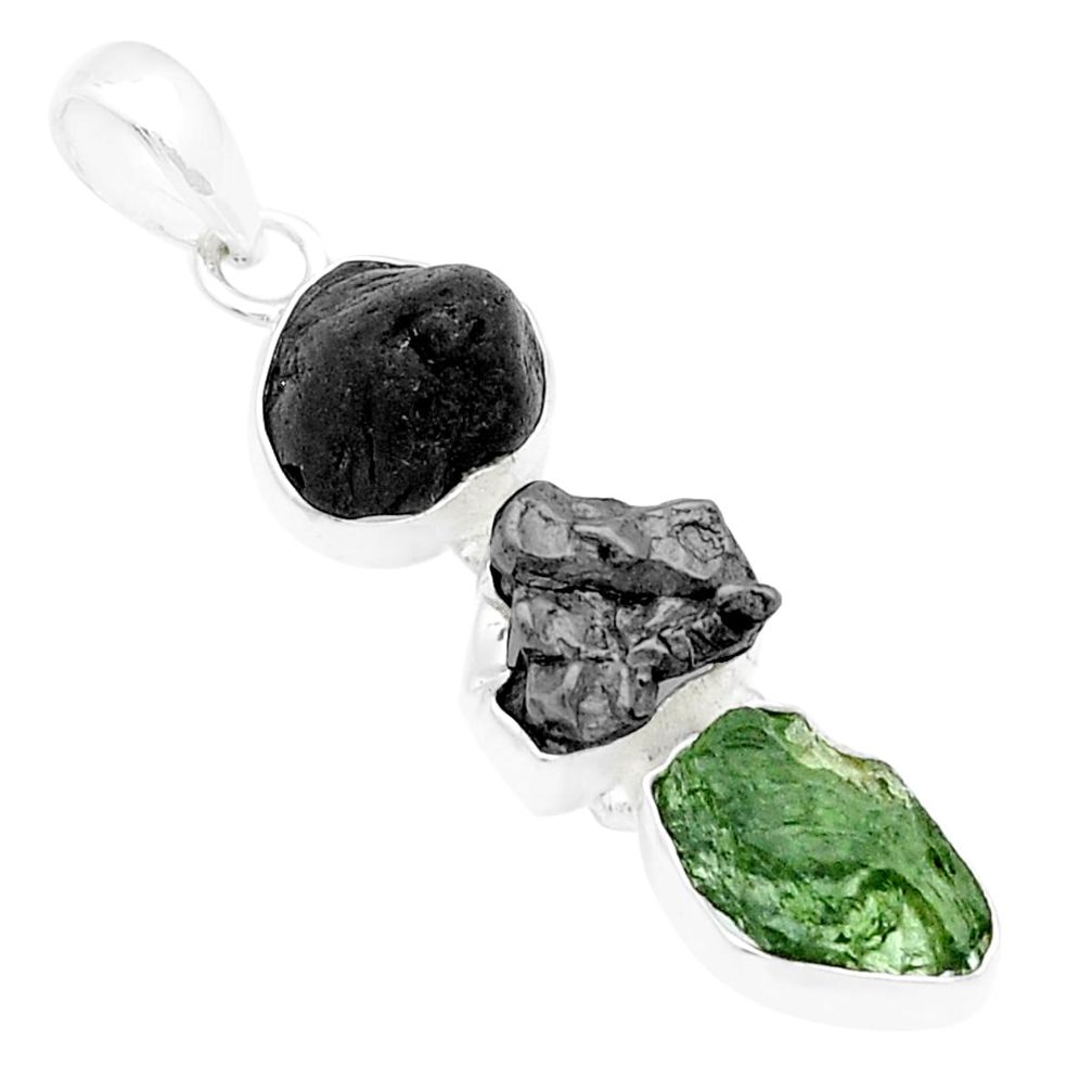 15.02cts natural moldavite campo del cielo (meteorite) 925 silver pendant u67188