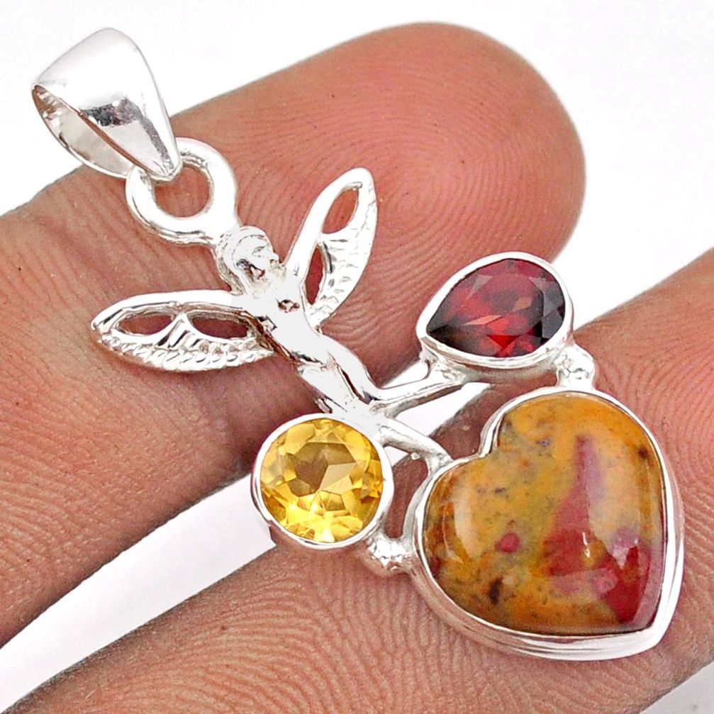 8.38cts natural mookaite garnet citrine silver angel wings fairy pendant u1573