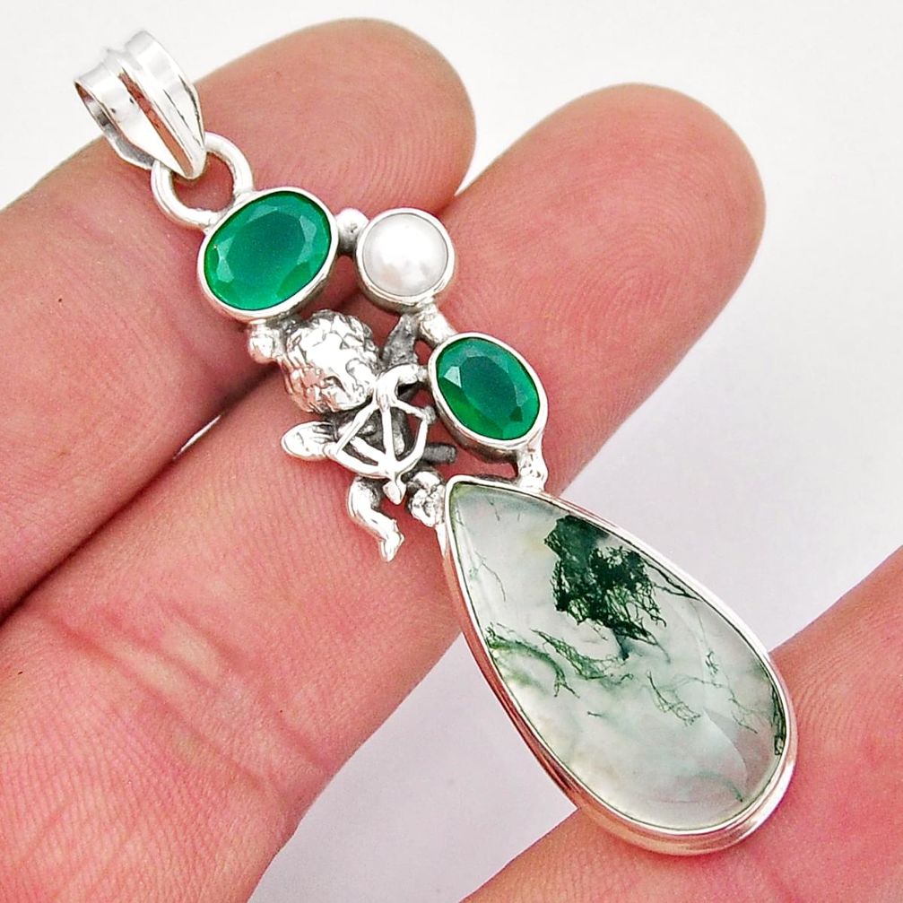 19.48cts natural moss agate chalcedony pearl 925 silver angel pendant y21446